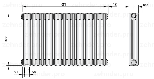Схема (чертеж) Радиатор Zehnder Charleston 3100/19 №3370 Белый глянцевый RAL 9016